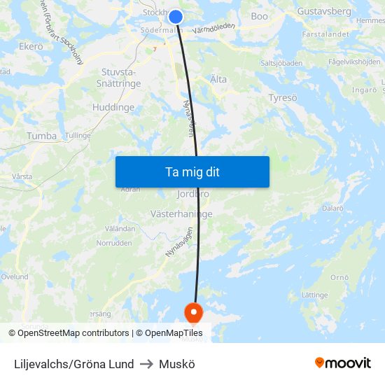 Liljevalchs/Gröna Lund to Muskö map