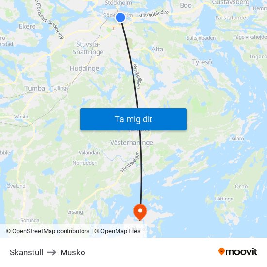 Skanstull to Muskö map
