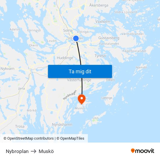 Nybroplan to Muskö map