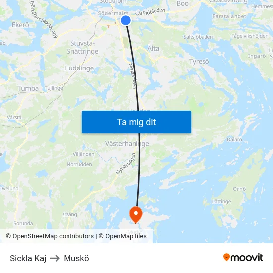Sickla Kaj to Muskö map