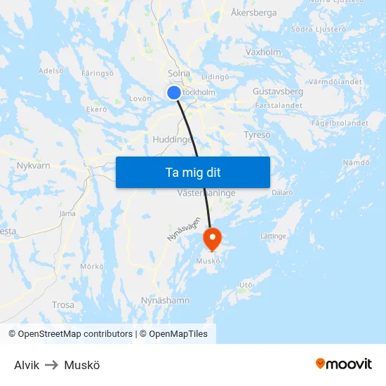 Alvik to Muskö map