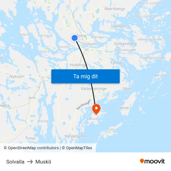 Solvalla to Muskö map