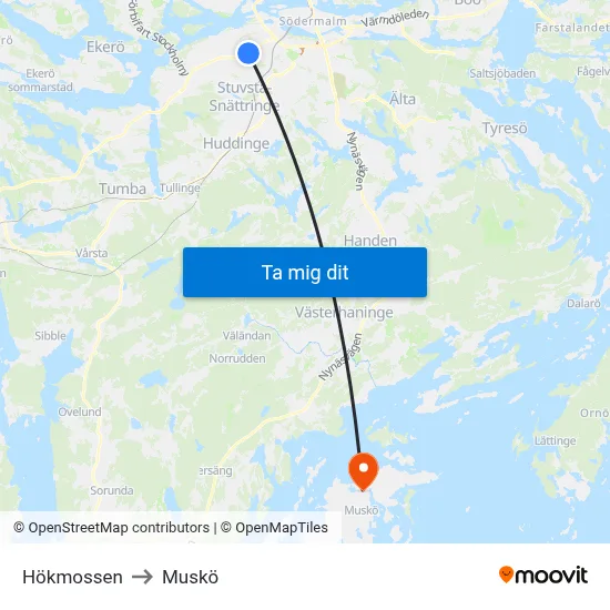 Hökmossen to Muskö map