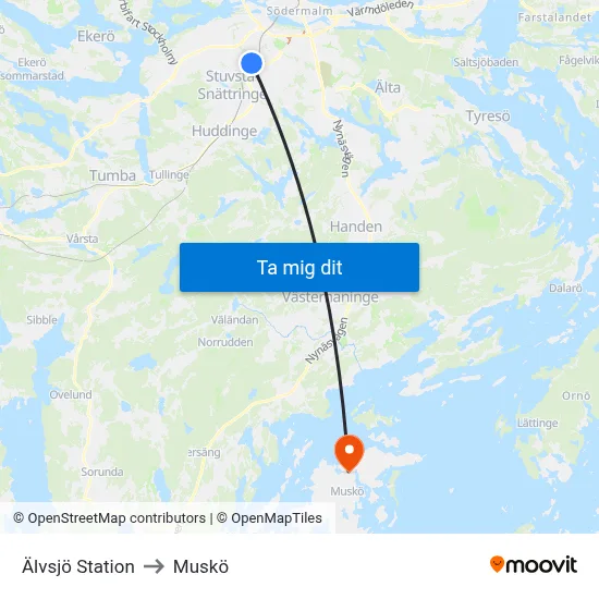 Älvsjö Station to Muskö map