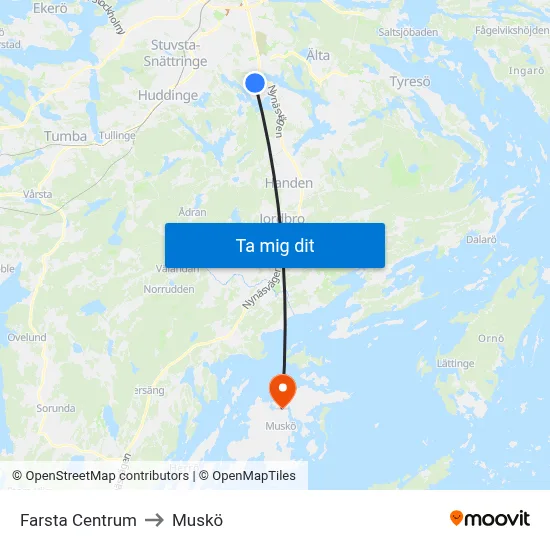 Farsta Centrum to Muskö map