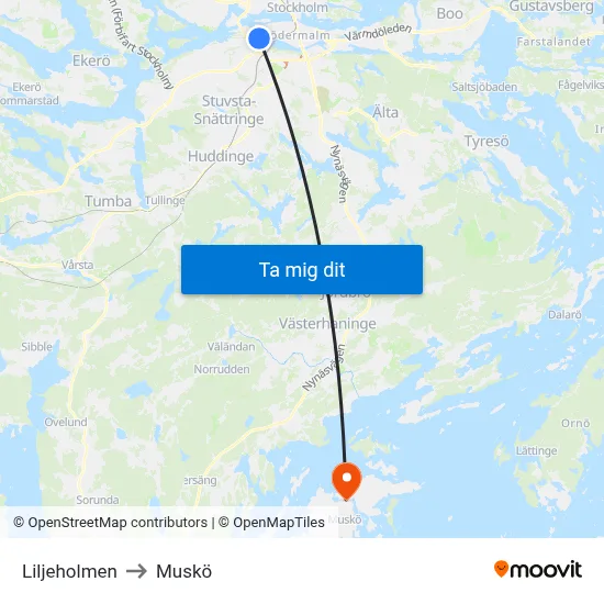 Liljeholmen to Muskö map