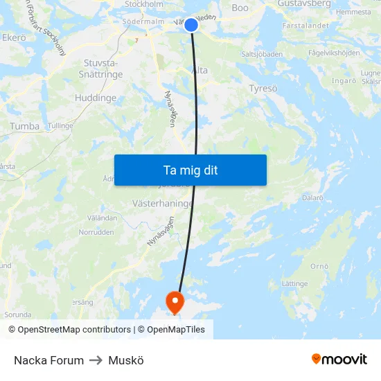 Nacka Forum to Muskö map