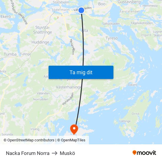 Nacka Forum Norra to Muskö map