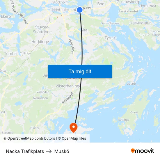 Nacka Trafikplats to Muskö map