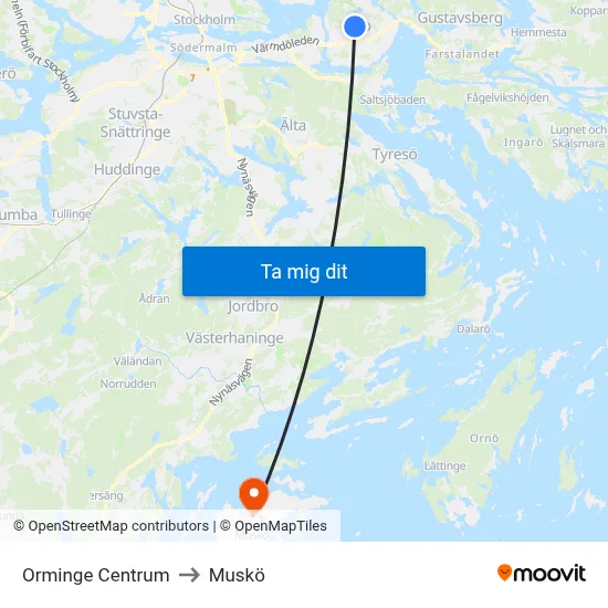 Orminge Centrum to Muskö map