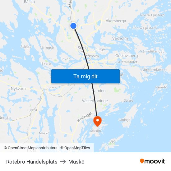 Rotebro Handelsplats to Muskö map