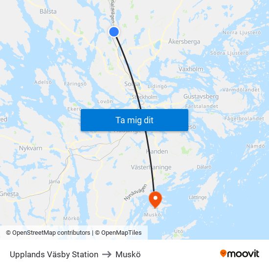 Upplands Väsby Station to Muskö map