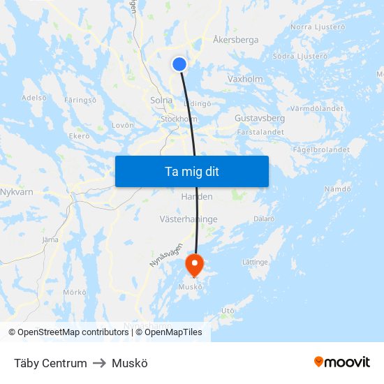 Täby Centrum to Muskö map