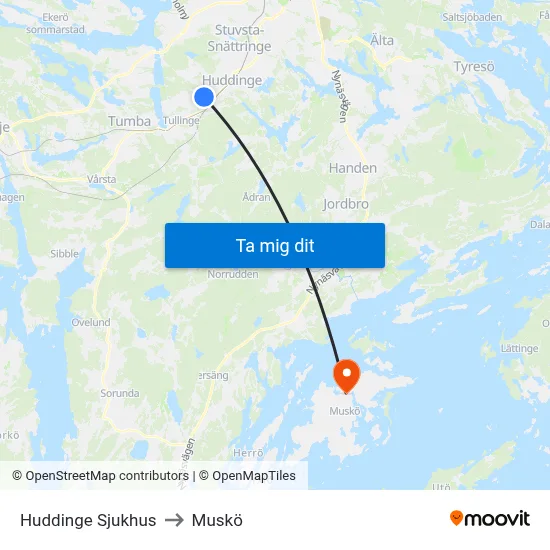 Huddinge Sjukhus to Muskö map