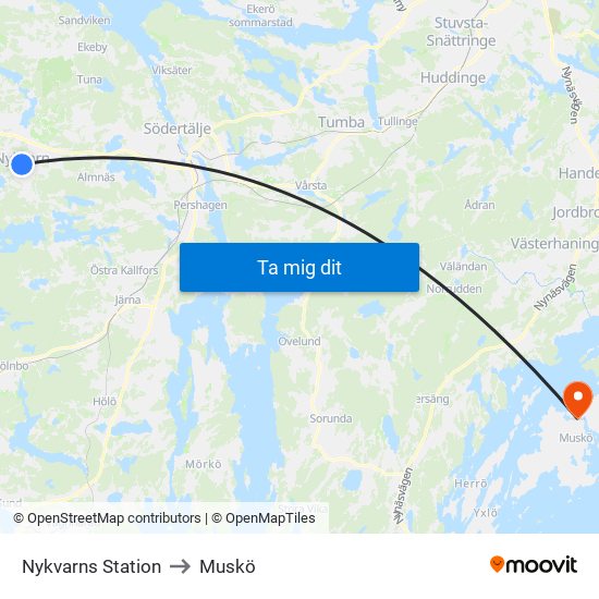 Nykvarns Station to Muskö map