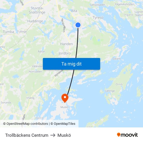 Trollbäckens Centrum to Muskö map