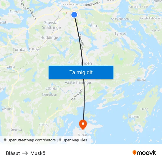 Blåsut to Muskö map