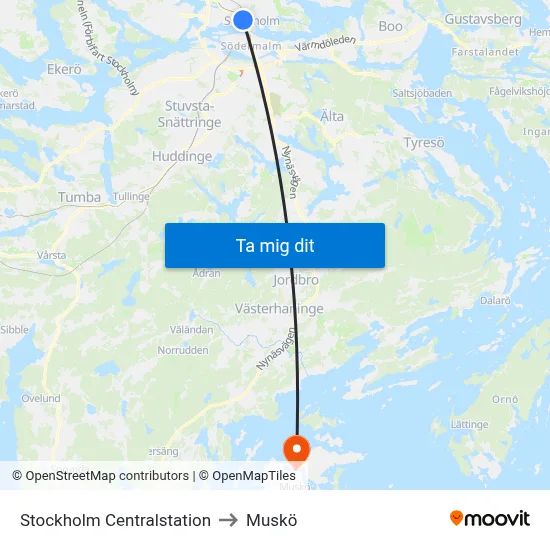 Stockholm Centralstation to Muskö map