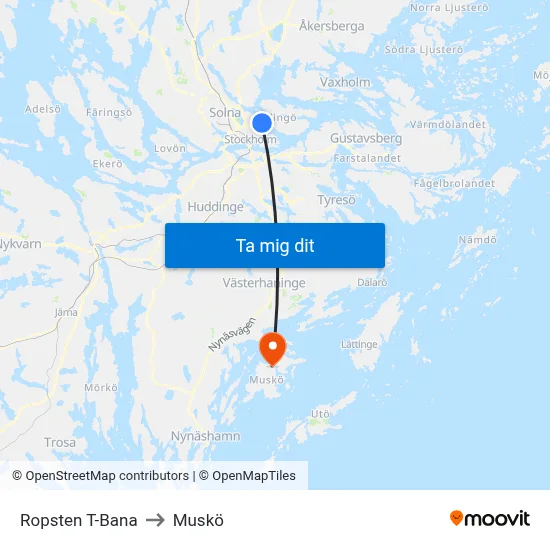 Ropsten T-Bana to Muskö map