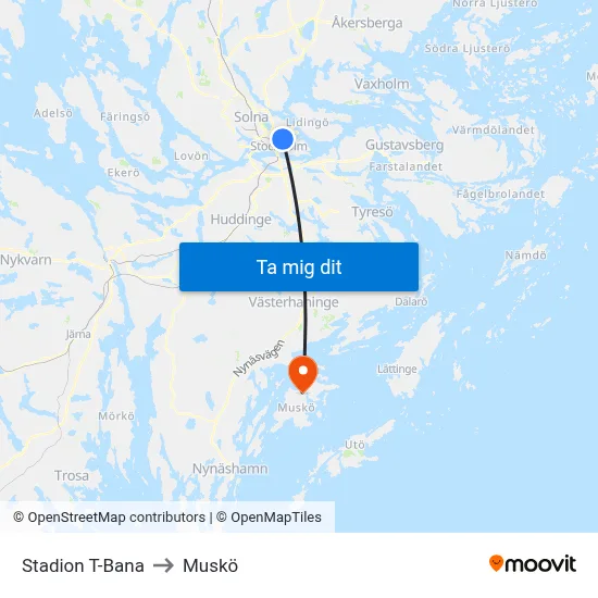 Stadion T-Bana to Muskö map