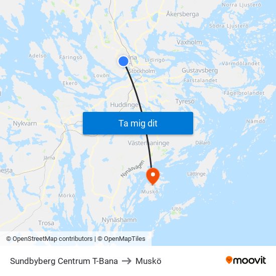 Sundbyberg Centrum T-Bana to Muskö map