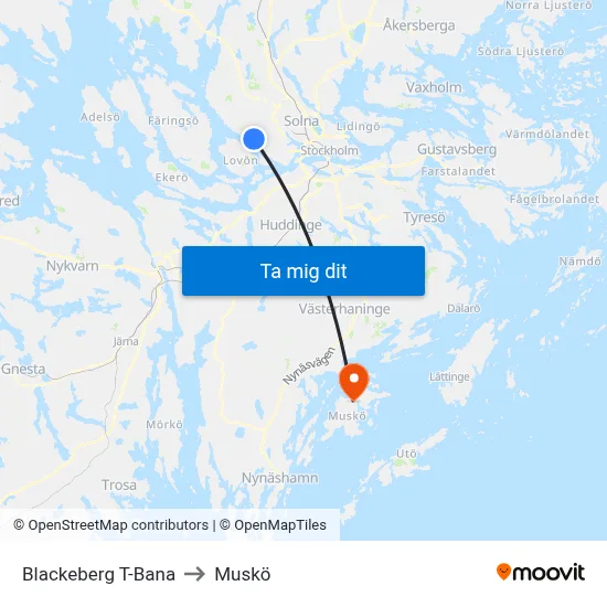 Blackeberg T-Bana to Muskö map