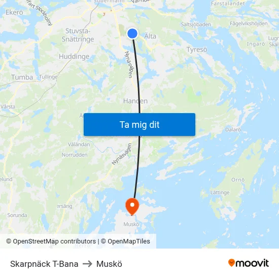 Skarpnäck T-Bana to Muskö map