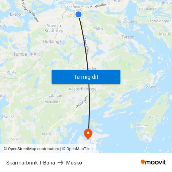 Skärmarbrink T-Bana to Muskö map