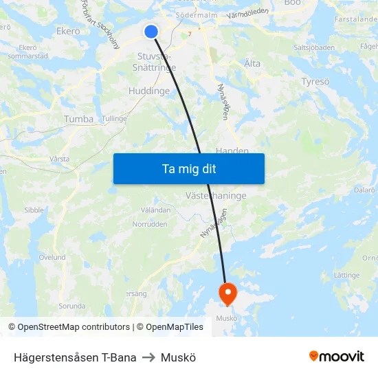 Hägerstensåsen T-Bana to Muskö map
