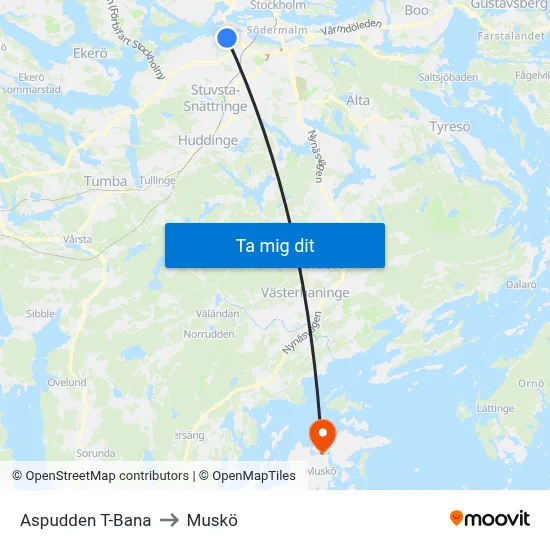 Aspudden T-Bana to Muskö map