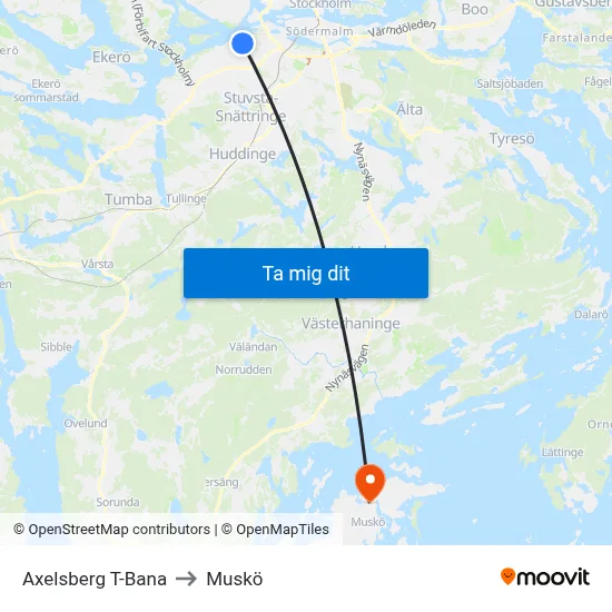Axelsberg T-Bana to Muskö map