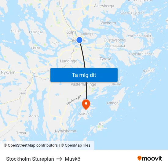 Stockholm Stureplan to Muskö map