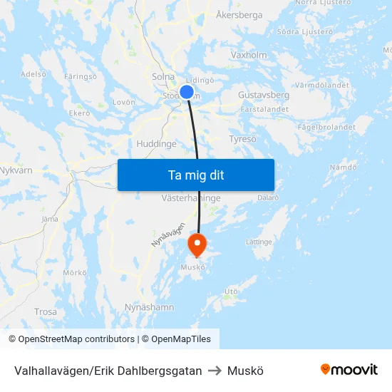 Valhallavägen/Erik Dahlbergsgatan to Muskö map