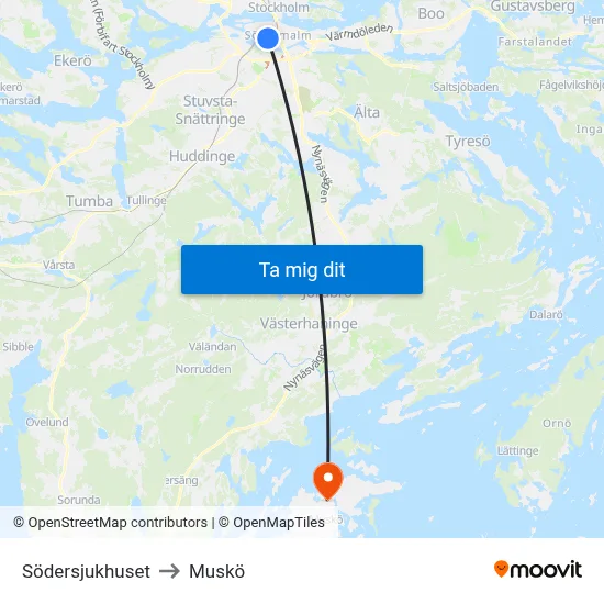 Södersjukhuset to Muskö map