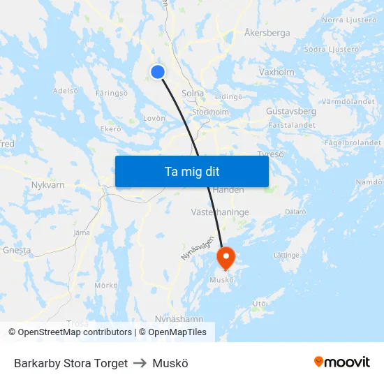 Barkarby Stora Torget to Muskö map