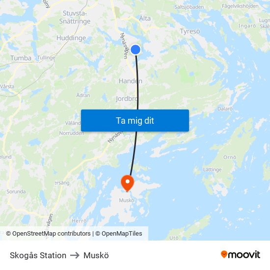 Skogås Station to Muskö map