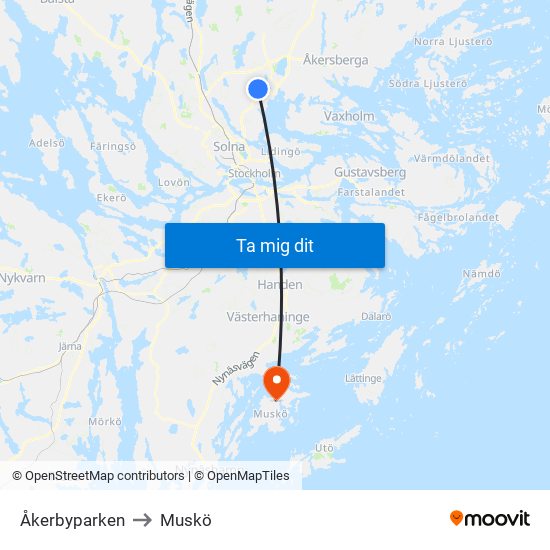 Åkerbyparken to Muskö map