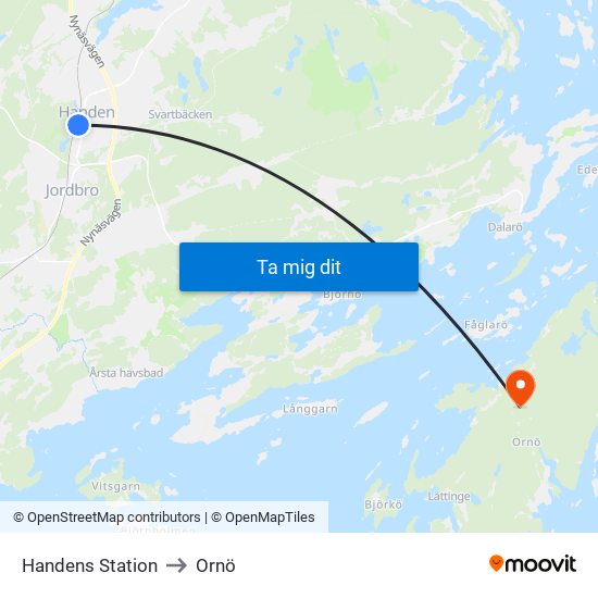 Handens Station to Ornö map