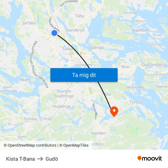 Kista T-Bana to Gudö map
