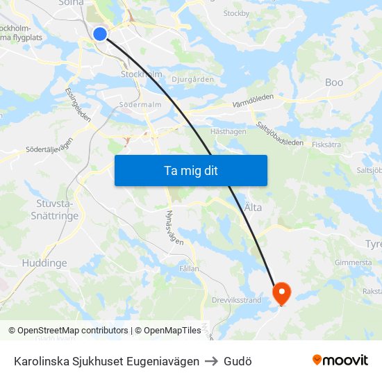 Karolinska Sjukhuset Eugeniavägen to Gudö map