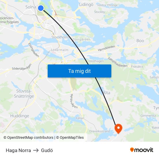 Haga Norra to Gudö map