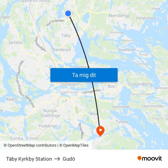 Täby Kyrkby Station to Gudö map