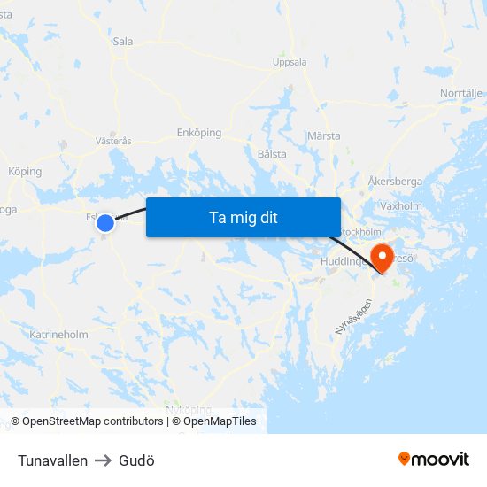 Tunavallen to Gudö map