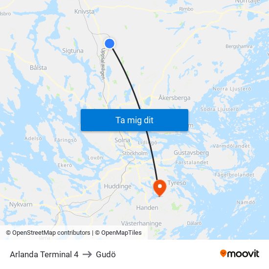 Arlanda Terminal 4 to Gudö map