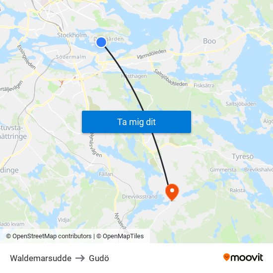 Waldemarsudde to Gudö map