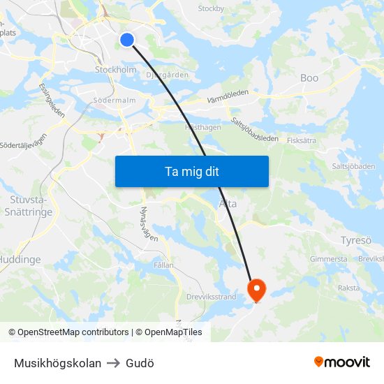 Musikhögskolan to Gudö map