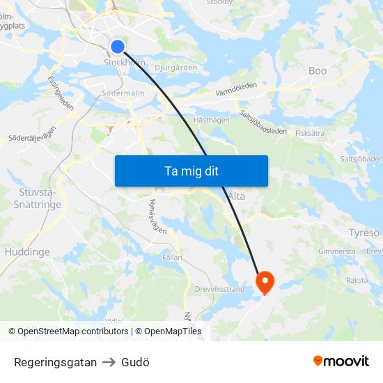 Regeringsgatan to Gudö map