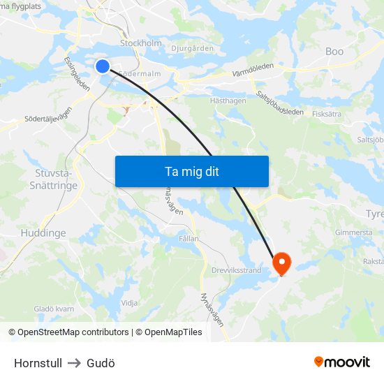 Hornstull to Gudö map