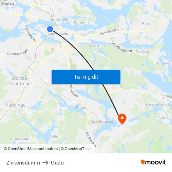 Zinkensdamm to Gudö map