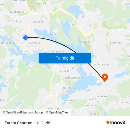 Farsta Centrum to Gudö map